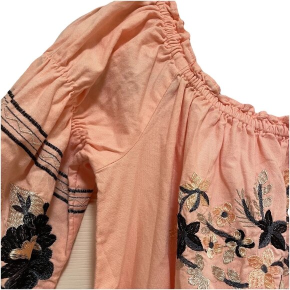FREE PEOPLE Pink/Peach Fleur Du Jour Embroidered Cotton Shift Mini Dress Sz L - Picture 7 of 11